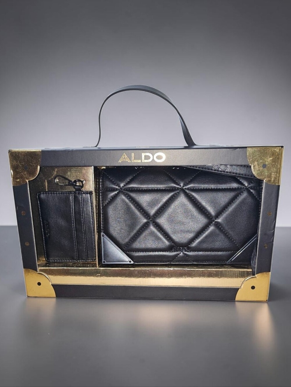 NIB ALDO Black Quilted Crossbody Gift Set Matching Card Holder Wallet Boxed